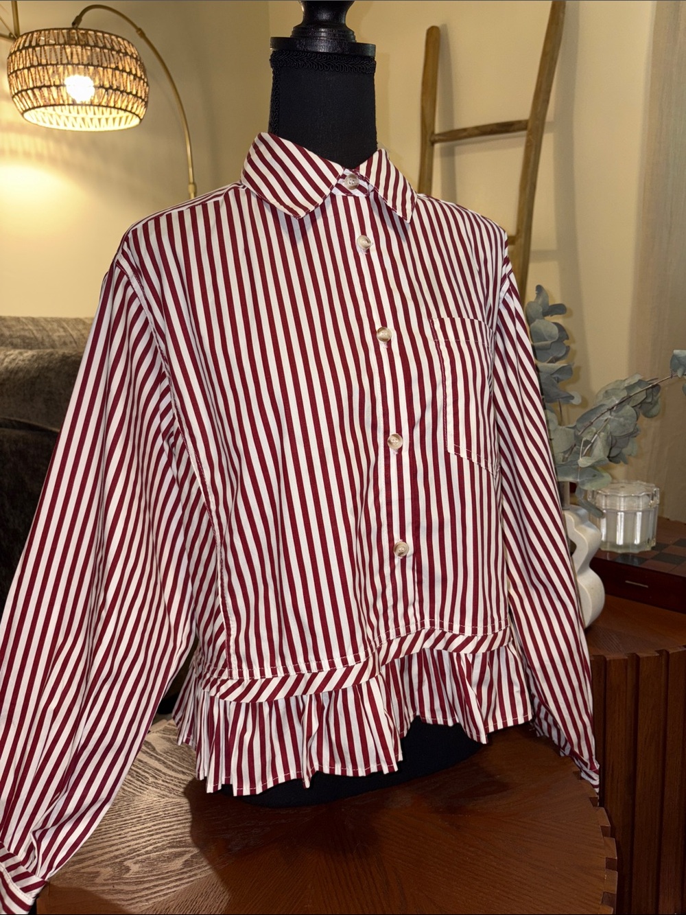 Red and White Striped Button-Up Peplum Top